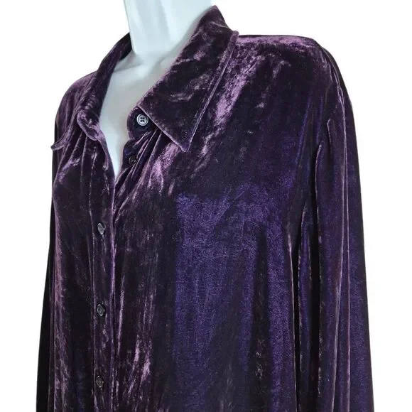 Soft Surroundings Purple Velour Button Up Shirt 2XL Relaxed Fit Minimalist Goth - Picture 3 of 8